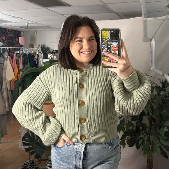 Free People Rib Knit All Yours Cardigan Cropped Green Size Medium - Picture 1 of 6